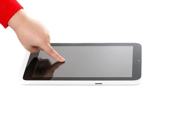 Child finger on the screen of the tablet on a white background — Stock Photo, Image