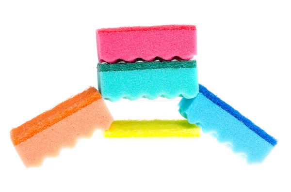 Multicolored sponges of of foam rubber for washing dishes isolated on white background — Stock Photo, Image