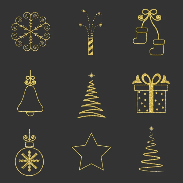 Yeni yıl öğeleri kümesi; Noel logo; Altın glitter; Siyah arka plan; işareti; amblem; simge; vektör çizim;