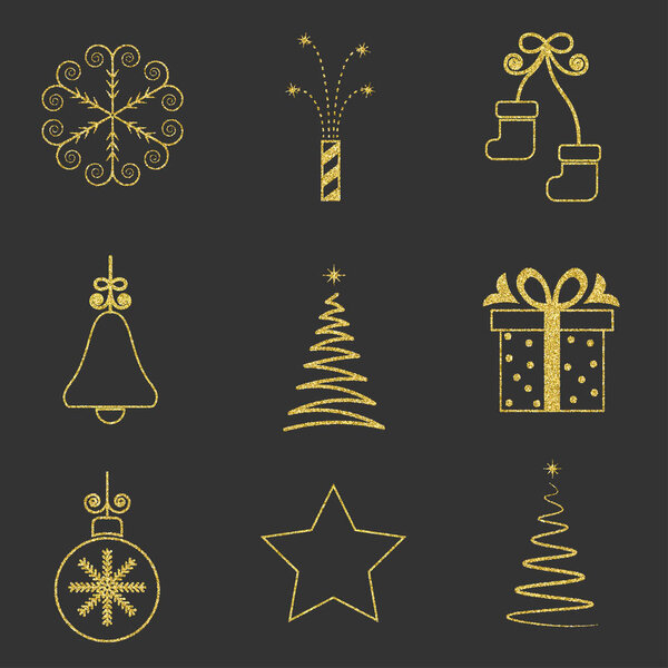 new year set of elements; Christmas logo; gold glitter; Black background; sign; emblem; symbol; vector illustration;