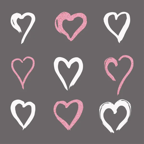 Setzen Herzen aus Weiß- und Roségold im Doodle-Stil, das Logo, ein Symbol der Liebe auf schwarzem Hintergrund. Verwendung im Design, Designelement, Emblem. Vektorillustration. — Stockvektor