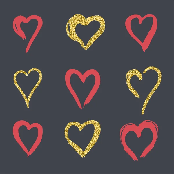 Jogo de corações de doodle em estilo, logotipo, símbolo de ouro de amor, aumentou em um fundo preto. uso na decoração, design, emblema. ilustração vetorial . —  Vetores de Stock