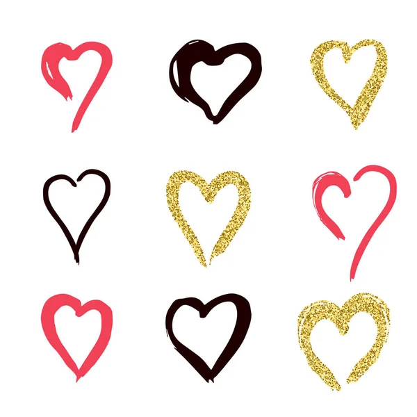 Set of doodle hearts in style, the logo, the symbol of love, gold, pink, black on white background. use in decoration, design, emblem. vector illustration. — Stock Vector