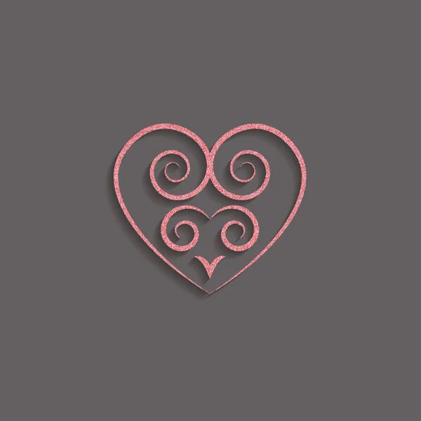 Cuore in oro rosa con un'icona decorativa. logo glitter, simbolo d'amore con un'ombra su sfondo nero. uso in decorazione, design, emblema. illustrazione vettoriale . — Vettoriale Stock