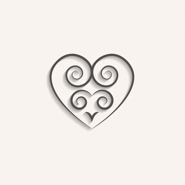 Lineare schwarze Herz mit einem dekorativen Muster Symbol, Logo, Symbol der Liebe mit einem Schatten auf weißem Hintergrund. Verwendung in Dekoration, Design, Emblem. Vektorillustration. — Stockvektor