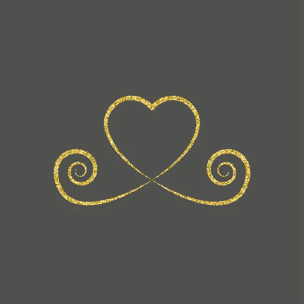 Ozdobné zlaté srdíčko. logo se třpytí, love symbol se stínem na černém pozadí. Používejte na dekorace, design, emblém. vektorové ilustrace. — Stockový vektor