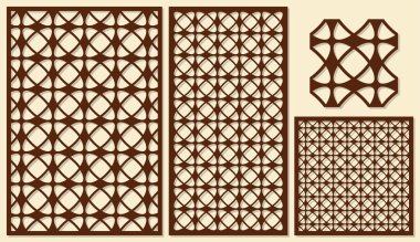 Dekoratif paneller lazer kesim kümesi. Klasik evrensel geometrik desen. Oranı 2: 3, 1: 2, 1:1, sorunsuz. Vektör çizim.