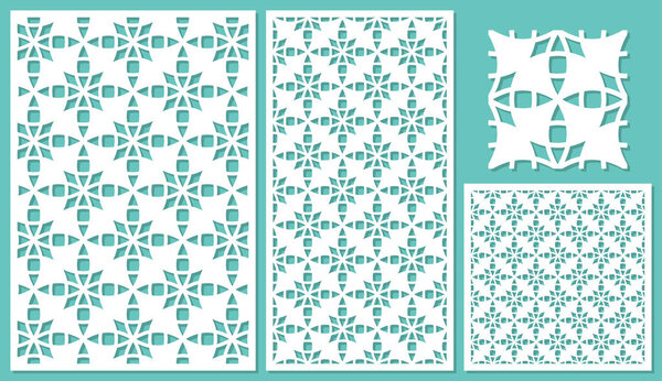 Set of decorative panels laser cutting. Universal mosaic geometric pattern. The ratio of 2: 3, 1: 2, 1: 1, seamless. Vector illustration.
