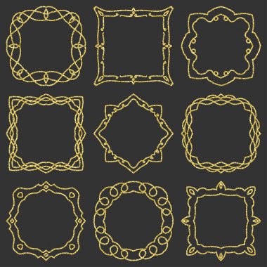 Set el çizilmiş öğe için çerçeveler, logo, yoga, etnik tasarım doodle. Altın, glitter glitter. No 11 9 öğe ayarlayın. Vektör çizim.