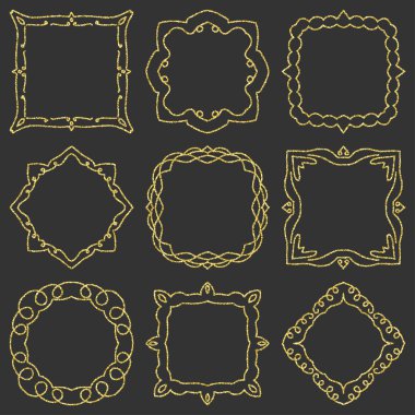 Set el çizilmiş öğe için çerçeveler, logo, yoga, etnik tasarım doodle. Altın, glitter glitter. No. 9 / 9 bileşen ayarlayın. Vektör çizim.