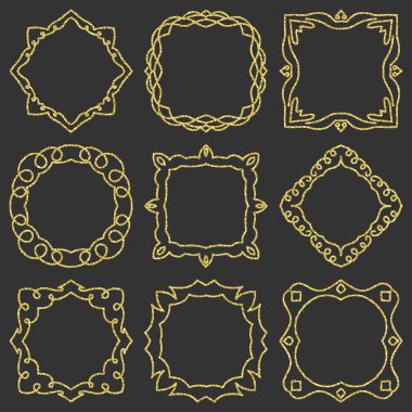 Set el çizilmiş öğe için çerçeveler, logo, yoga, etnik tasarım doodle. Altın, glitter glitter. No 8 / 9 bileşen ayarlayın. Vektör çizim.