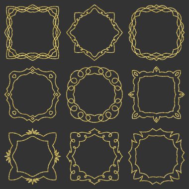 Set el çizilmiş öğe için çerçeveler, logo, yoga, etnik tasarım doodle. Altın, glitter glitter. No. 6 / 9 bileşen ayarlayın. Vektör çizim.