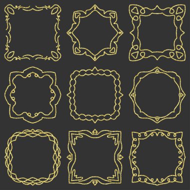 Set el çizilmiş öğe için çerçeveler, logo, yoga, etnik tasarım doodle. Altın, glitter glitter. No. 3 / 9 bileşen ayarlayın. Vektör çizim.