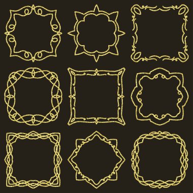 Set el çizilmiş öğe için çerçeveler, logo, yoga, etnik tasarım doodle. Altın, glitter glitter. No. 5 / 9 bileşen ayarlayın. Vektör çizim.