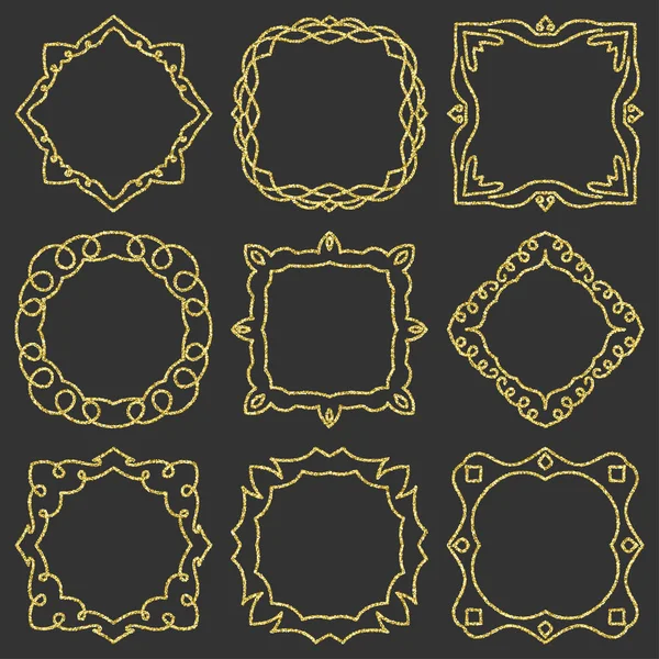 Set el çizilmiş öğe için çerçeveler, logo, yoga, etnik tasarım doodle. Altın, glitter glitter. No 8 / 9 bileşen ayarlayın. Vektör çizim.