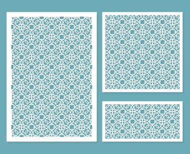 Lazer kesim için dekoratif paneller bir geometrik desenli kağıt, ahşap, metal kesme için kümesi. Tasarım unsuru. 1:1, 2: 3, 1: 3. Vektör çizim.