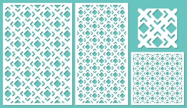 Dekoratif paneller lazer kesim kümesi. bir ahşap panel. Modern zarif bir şekilde köşegen geometrik desen allover. Oranı 2:3, 1:2, 1:1. Vektör çizim.