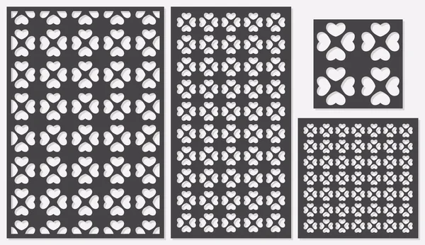 Uppsättning av dekorativa paneler laserskärning. en trä panel. Moderna klassiska upprepande hjärtmönster i kvadratiska former. Förhållandet 2:3, 1:2, 1:1, sömlös. Vektorillustration. — Stock vektor