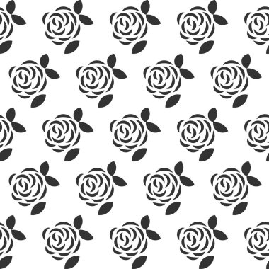 Geometrik desen gül ve yaprakları, siyah beyaz çizgiler ve siluet. Vektör çizim.