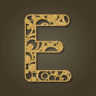 Altın harf E lazer kesim için. İngilizce alfabe. Vektör çizim.