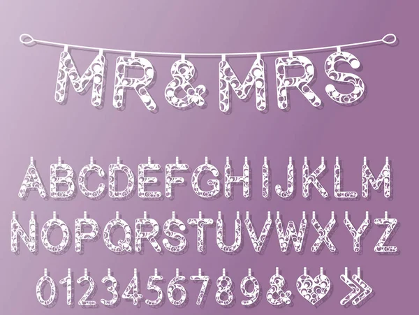 Bannerdekoration für Hochzeit mr. end mrs. Buchstabenalphabet zum Laserschneiden von Papier und anderen Materialien. Vektorillustration. — Stockvektor