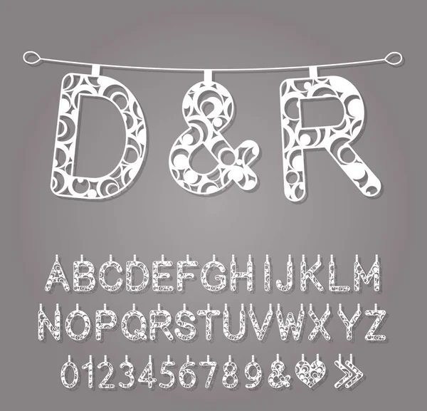 Die Buchstaben des Alphabets für die Herstellung von Hochzeitsfahnen, Grüßen, Dekorationen und besonderen Anlässen. verwendetes Laserschneidpapier und andere Materialien. Vektorillustration. — Stockvektor