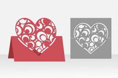 Lazer kesim için yuvarlak desenli kart kalbi. Silüet tasarımı. Doğum günü için, Valentine, tebrikler, davetiyeler, düğün, aşk. Vektör.