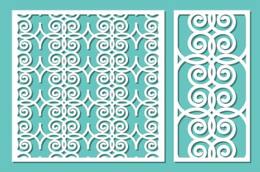 Dekoratif panel lazer kesim ayarlayın. ahşap panel. Modern zarif geometrik dairesel desen. Oranı 1:2, 1:1. Vektör çizim.