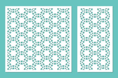Dekoratif panel lazer kesim ayarlayın. ahşap panel. Modern zarif geometrik mozaik desen. Oranı 1:2, 1:1. Vektör çizim.