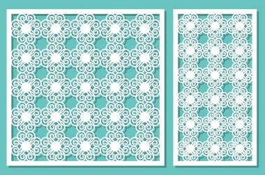Dekoratif panel lazer kesim ayarlayın. ahşap panel. Modern zarif geometrik dairesel desen. Oranı 1:2, 1:1. Vektör çizim.