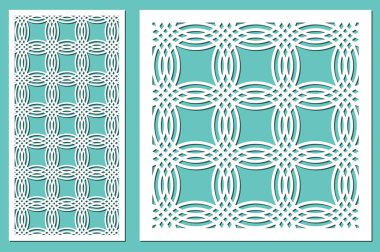 Dekoratif panel lazer kesim ayarlayın. ahşap panel. Modern zarif geometrik dairesel desen. Oranı 1:2, 1:1. Vektör çizim.