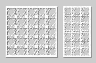 Set dekoratif paneller lazer kesim. ahşap panel. Hatları zarif modern geometrik desen. Oranı 1:2, 1:1. Vektör çizim.