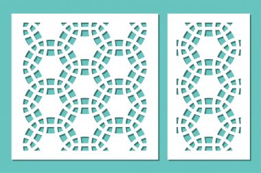 Dekoratif panel lazer kesim ayarlayın. ahşap panel. Modern zarif geometrik mozaik desen. Oranı 1:2, 1:1. Vektör çizim.