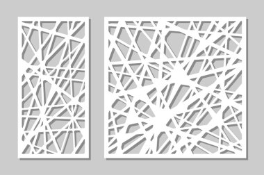 Dekoratif panel lazer kesim ayarlayın. ahşap panel. Zarif modern geometrik soyut desen. Oranı 1:2, 1:1. Vektör çizim.