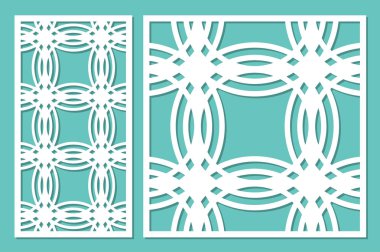 Dekoratif panel lazer kesim ayarlayın. ahşap panel. Modern zarif geometrik dairesel desen. Oranı 1:2, 1:1. Vektör çizim.