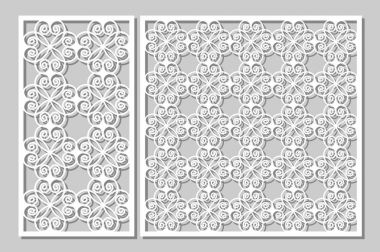 Set dekoratif paneller lazer kesim. ahşap panel. Kalplerin modern zarif desen. Oranı 1:2, 1:1. Vektör çizim.