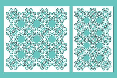 Set dekoratif paneller lazer kesim. ahşap panel. Kalplerin modern zarif desen. Oranı 1:2, 1:1. Vektör çizim.