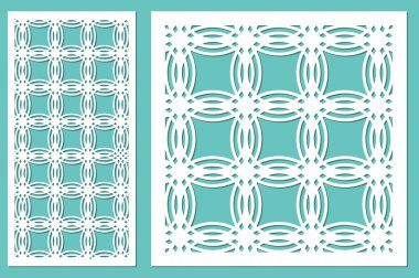 Dekoratif panel lazer kesim ayarlayın. ahşap panel. Modern zarif geometrik dairesel desen. Oranı 1:2, 1:1. Vektör çizim.