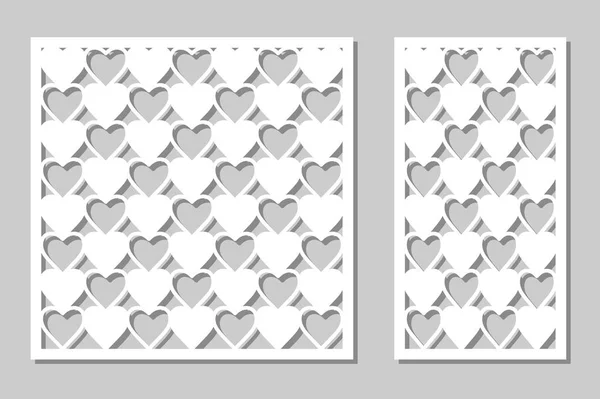 Dekoratif panel lazer kesim ayarlayın. ahşap panel. Modern, zarif geometrik kalp desenleri. 1:2, 1:1 oranında. Vektör çizim.