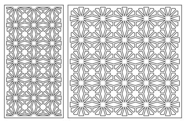 Kesmek için kart dizisini. Lazer kesim için vektör panelleri. Oran 1:2, 1:1. Siluet geometrik desenleri ile kesti. Kullanılan Ajur bölümleri, paneller, baskı, lazer kesim, kalıp.
