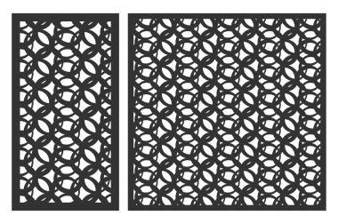 Kesmek için kart dizisini. Lazer kesim için vektör panelleri. Oran 1:2, 1:1. Siluet geometrik desenleri ile kesti. Kullanılan Ajur bölümleri, paneller, baskı, lazer kesim, kalıp.