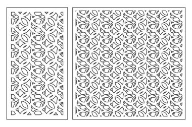 Kesmek için kart dizisini. Lazer kesim için vektör panelleri. Oran 1:2, 1:1. Siluet geometrik desenleri ile kesti. Kullanılan Ajur bölümleri, paneller, baskı, lazer kesim, kalıp.