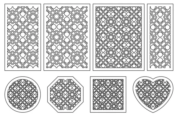 Набір карт для вирізання. Векторні панелі для лазерного різання. Співвідношення 1:2, 2:3, 3:4, 1:3, круглий, восьмикутний, квадратний, серцевий. Вирізати силует з геометричними візерунками . — стоковий вектор