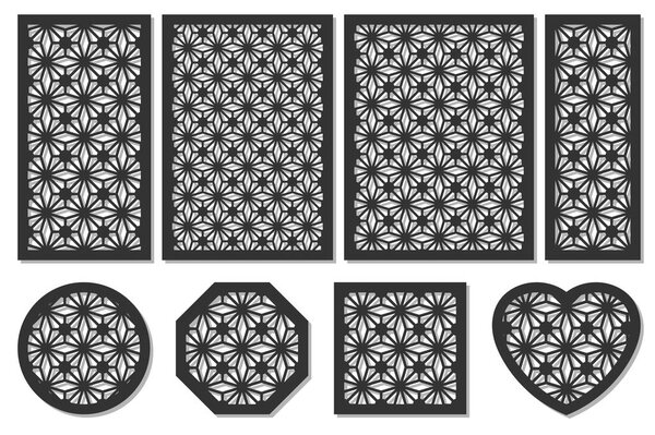Set of cards to cut. Vector panels for laser cutting. The ratio 1:2, 2:3, 3:4, 1:3, round, octagon, square, heart. Cut silhouette with geometric patterns. 