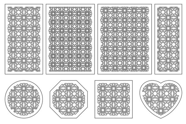 Set of cards to cut. Vector panels for laser cutting. The ratio 1:2, 2:3, 3:4, 1:3, round, octagon, square, heart. Cut silhouette with geometric patterns.