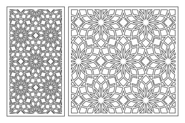 Kesmek için kart dizisini. Lazer kesim için vektör panelleri. Oranı 1:1, 1:2. Siluet geometrik desenleri ile kesmek. 
