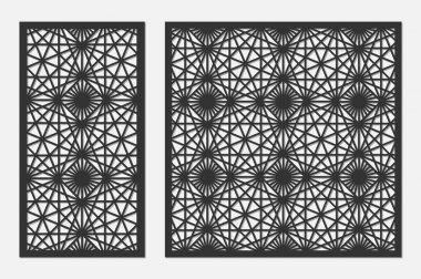 Kesmek için kart dizisini. Lazer kesim için vektör panelleri. Oranı 1:1, 1:2. Siluet geometrik desenleri ile kesmek. 