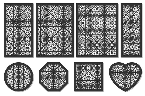 Set of cards to cut. Vector panels for laser cutting. The ratio 1:2, 2:3, 3:4, 1:3, round, octagon, square, heart. Cut silhouette with geometric patterns. Used for openwork partitions, panels, printin