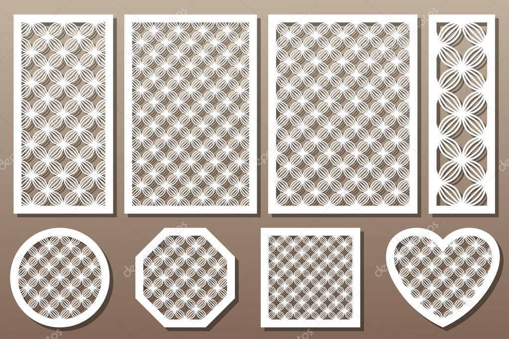 Set decorative elements for laser cutting. Geometric ornament pattern. Pattern wave lines. The ratio 1:2, 2:3, 3:4, 1:3, round, octagon, square, heart.Vector illustration.