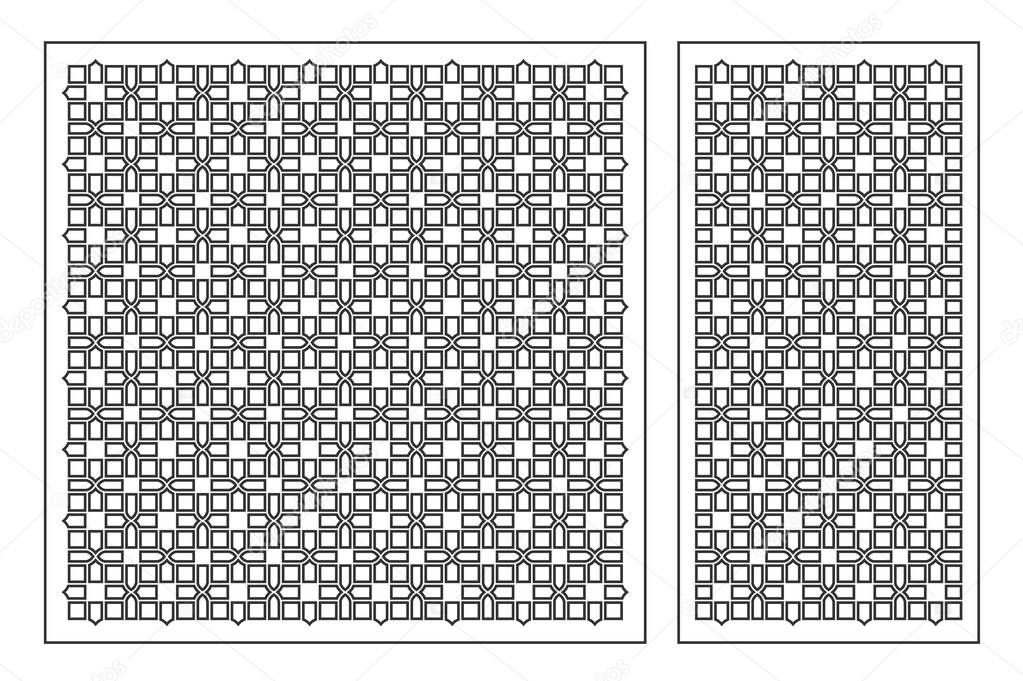 Set decorative elements for laser cutting. Geometric ornament pattern. Pattern quadrate lines. The ratio 1:2, 1:1. Vector illustration.